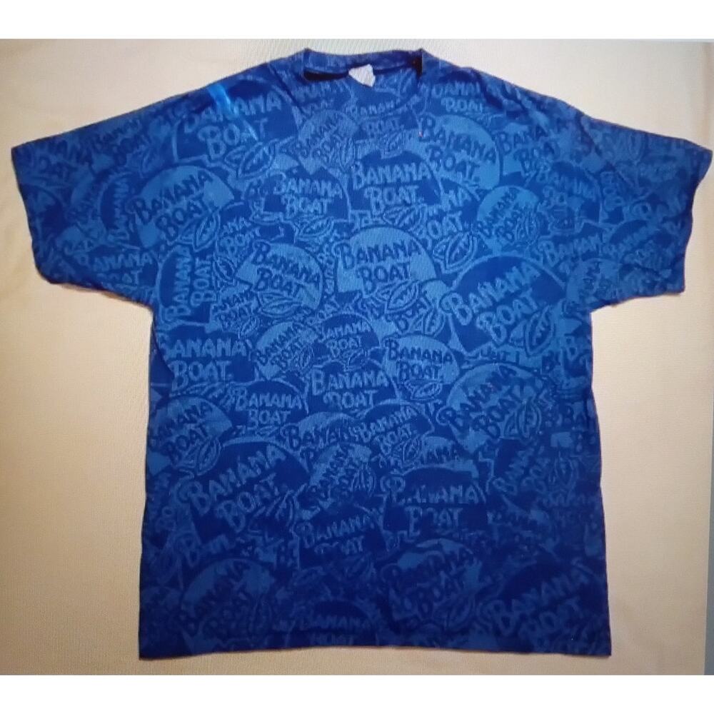 VTG Banana Boat All Over Print Graphic T-Shirt Beach Promotional Tee Blue SZ XL
